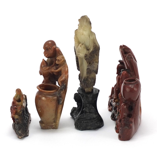 550 - Chinese soapstone carvings including Shao Lou holding a peach and a monkey vase with character marks... 