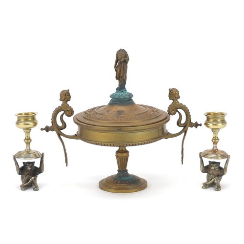 2085 - Novelty pair of silver plated and brass monkey design candlesticks and a classical tazza and cover w... 