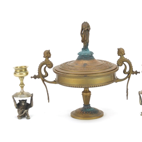 2085 - Novelty pair of silver plated and brass monkey design candlesticks and a classical tazza and cover w... 