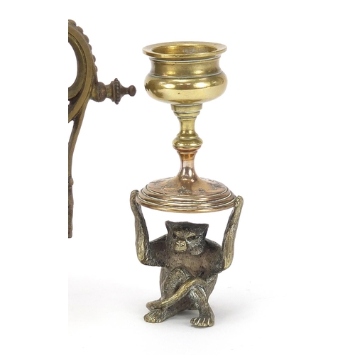 2085 - Novelty pair of silver plated and brass monkey design candlesticks and a classical tazza and cover w... 