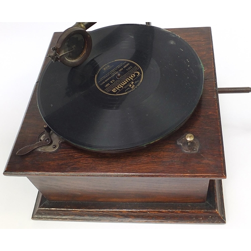 339 - Early 20th century oak wind up gramophone with wooden horn