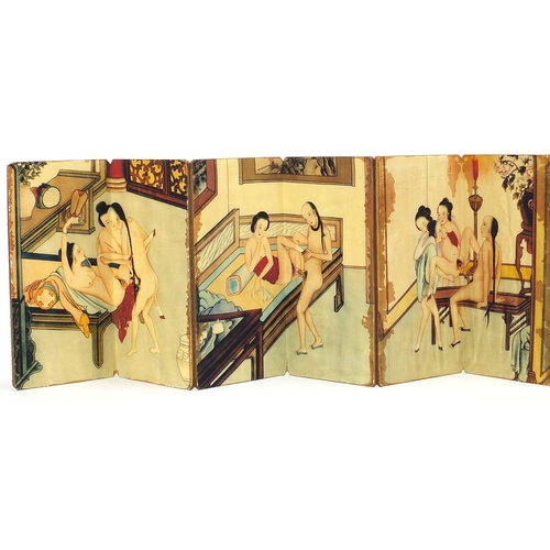 2087 - Chinese folding book depicting erotic scenes, 18.5cm H x 8.5cm wide when folded