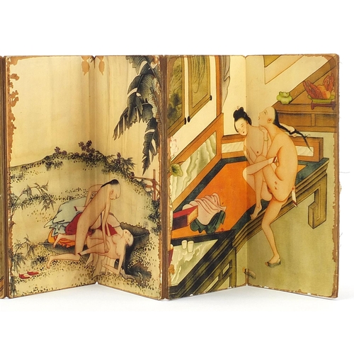 2087 - Chinese folding book depicting erotic scenes, 18.5cm H x 8.5cm wide when folded