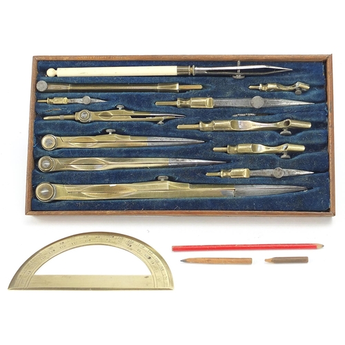 120 - Victorian rosewood drawing set with fitted lift out interior, housing various brass bone handled imp... 