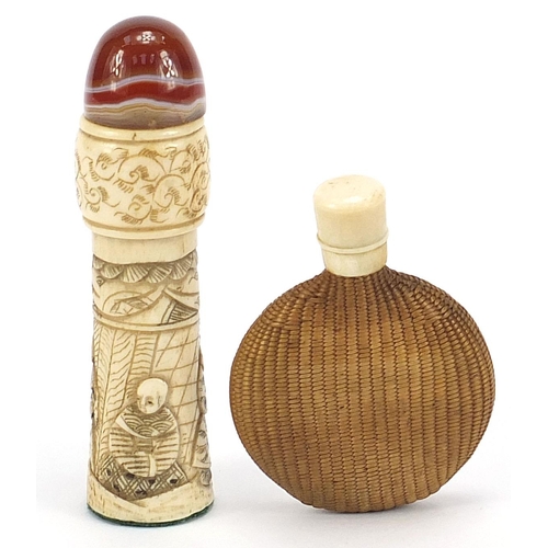 2107 - Chinese carved bone container and straw work snuff bottle, the largest 10.5cm high