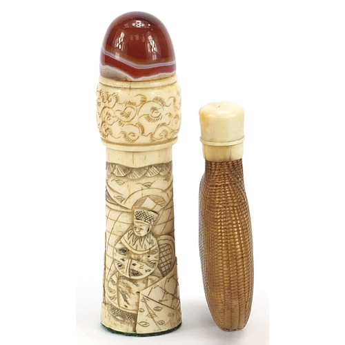 2107 - Chinese carved bone container and straw work snuff bottle, the largest 10.5cm high