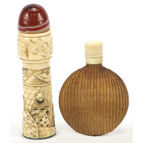 2107 - Chinese carved bone container and straw work snuff bottle, the largest 10.5cm high