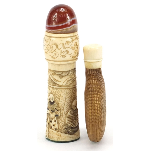 2107 - Chinese carved bone container and straw work snuff bottle, the largest 10.5cm high