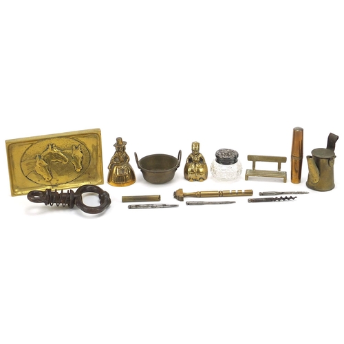 2081 - Metalware including a bull nose ring, cut glass jar with silver lid and folding corkscrew, the large... 