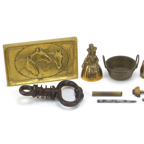 2081 - Metalware including a bull nose ring, cut glass jar with silver lid and folding corkscrew, the large... 