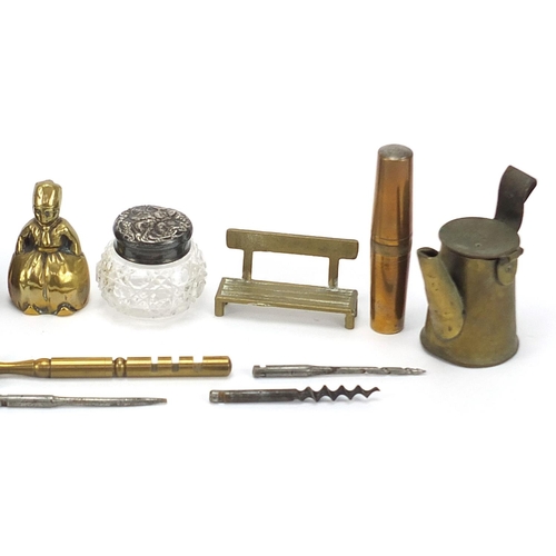 2081 - Metalware including a bull nose ring, cut glass jar with silver lid and folding corkscrew, the large... 