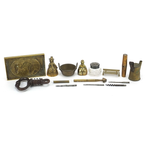 2081 - Metalware including a bull nose ring, cut glass jar with silver lid and folding corkscrew, the large... 