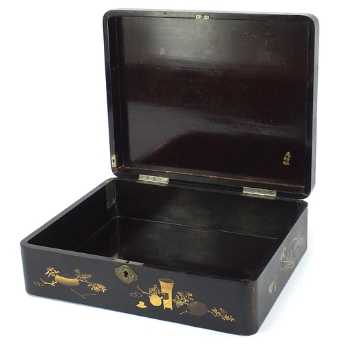 764 - Japanese black lacquered box hand painted and gilded with birds and flowers, painted character marks... 