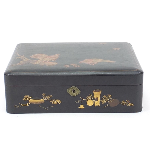 764 - Japanese black lacquered box hand painted and gilded with birds and flowers, painted character marks... 