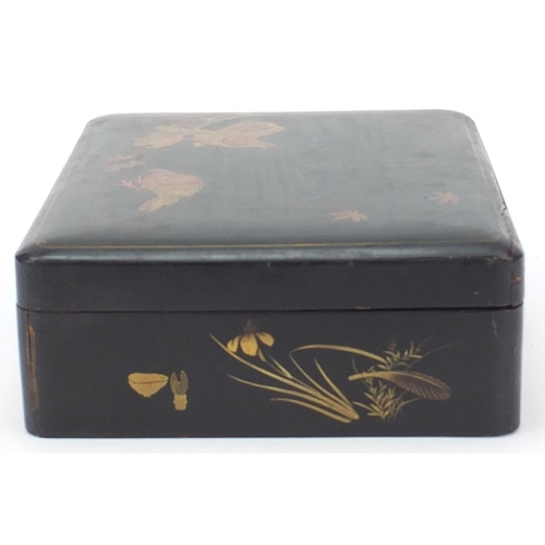 764 - Japanese black lacquered box hand painted and gilded with birds and flowers, painted character marks... 