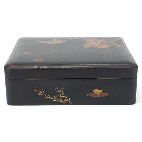 764 - Japanese black lacquered box hand painted and gilded with birds and flowers, painted character marks... 