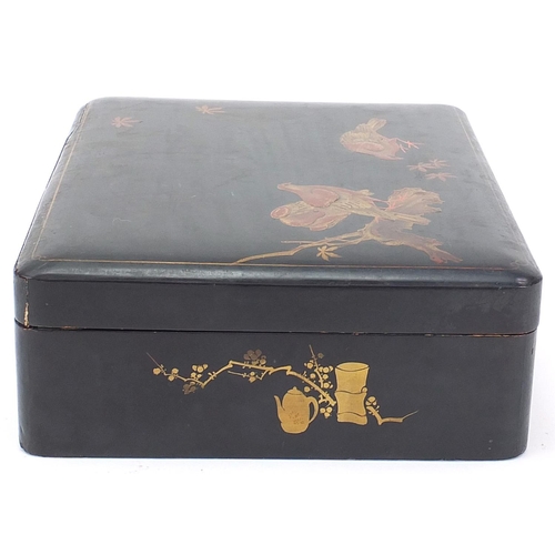 764 - Japanese black lacquered box hand painted and gilded with birds and flowers, painted character marks... 