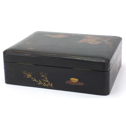 764 - Japanese black lacquered box hand painted and gilded with birds and flowers, painted character marks... 