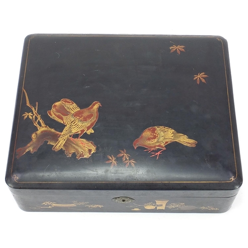 764 - Japanese black lacquered box hand painted and gilded with birds and flowers, painted character marks... 