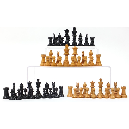 929 - Two Boxwood and ebony design Staunton pattern chess sets with pine crate, the largest pieces each 8.... 