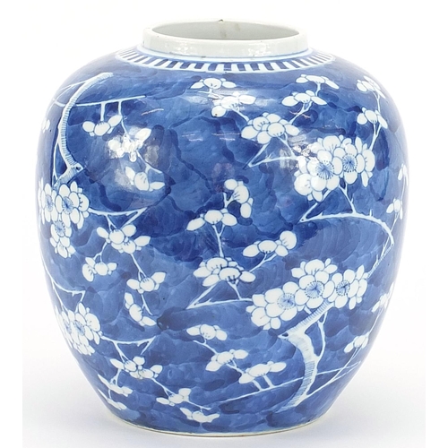 543 - Large Chinese blue and white porcelain ginger jar hand painted with prunus flowers, four figure char... 