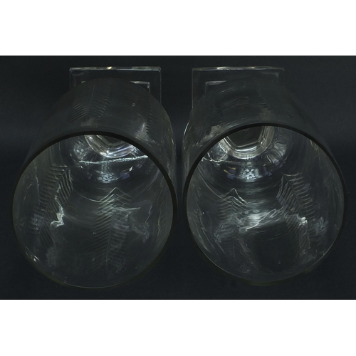 580 - Pair of Regency design cut glass celery vases with square stepped bases, 34cm high