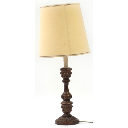 1919 - Carved mahogany table lamp with shade, 84cm high