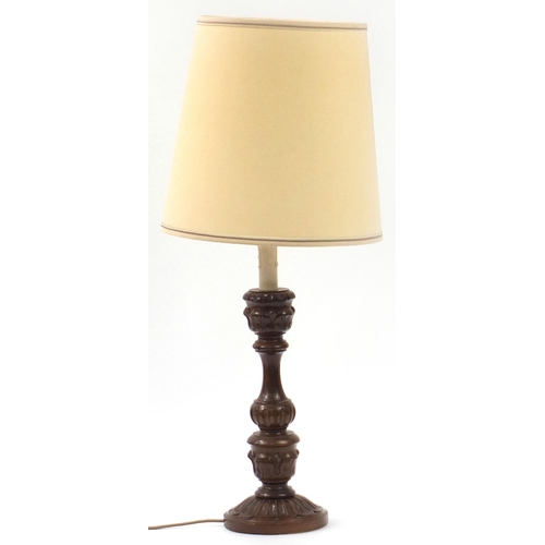 1919 - Carved mahogany table lamp with shade, 84cm high