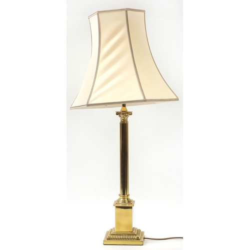 1920 - Brass Corinthian column table lamp with silk lined shade, 95cm high