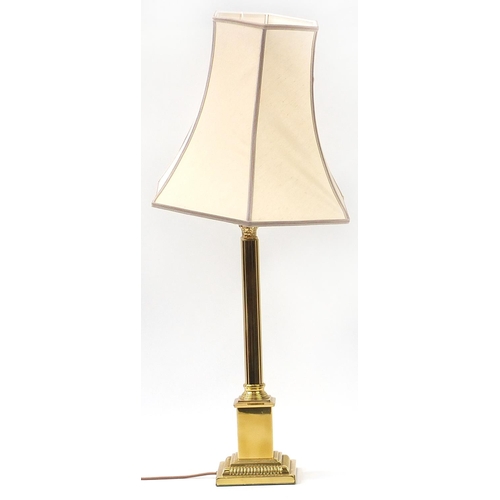 1920 - Brass Corinthian column table lamp with silk lined shade, 95cm high