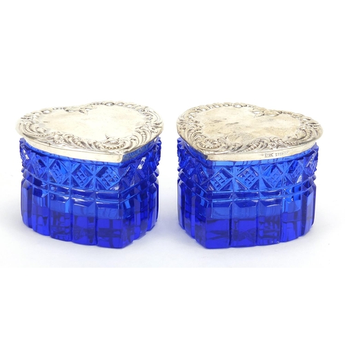 1114 - Lauren Victoria, pair of blue cut glass love heart shaped boxes with sterling silver lids, 4.5cm hig... 