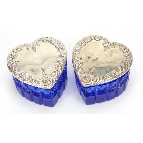 1114 - Lauren Victoria, pair of blue cut glass love heart shaped boxes with sterling silver lids, 4.5cm hig... 