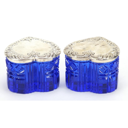 1114 - Lauren Victoria, pair of blue cut glass love heart shaped boxes with sterling silver lids, 4.5cm hig... 