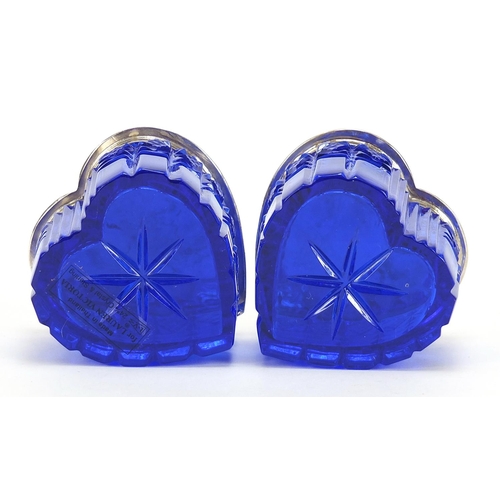 1114 - Lauren Victoria, pair of blue cut glass love heart shaped boxes with sterling silver lids, 4.5cm hig... 