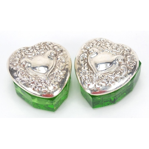 131 - Lauren Victoria, pair of green cut glass love heart shaped boxes with sterling silver lids, 3.5cm de... 