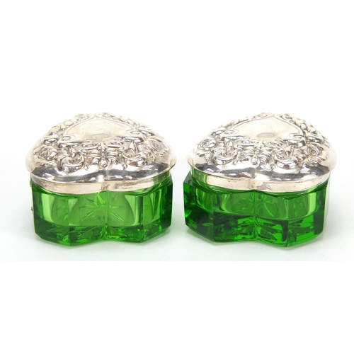 131 - Lauren Victoria, pair of green cut glass love heart shaped boxes with sterling silver lids, 3.5cm de... 