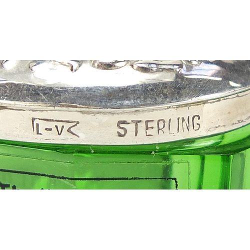 131 - Lauren Victoria, pair of green cut glass love heart shaped boxes with sterling silver lids, 3.5cm de... 