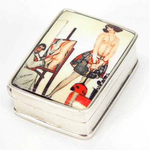 794 - Rectangular sterling silver pill box, the hinged lid enamelled with an artist painting a nude female... 