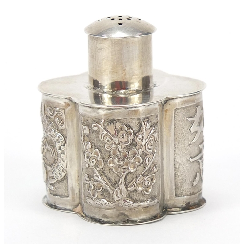 311 - Chinese silver caster embossed with bamboo grove, dragon, cherry blossom and character marks, impres... 