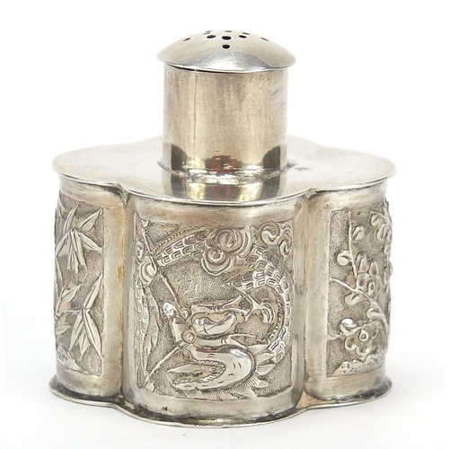 311 - Chinese silver caster embossed with bamboo grove, dragon, cherry blossom and character marks, impres... 