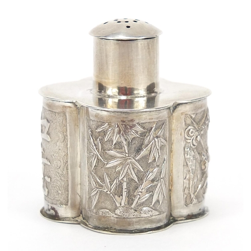 311 - Chinese silver caster embossed with bamboo grove, dragon, cherry blossom and character marks, impres... 