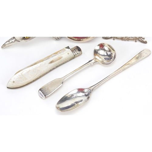 1113 - Silver objects including bird head parasol handle with glass eyes, Georgian mustard spoon, mouther o... 