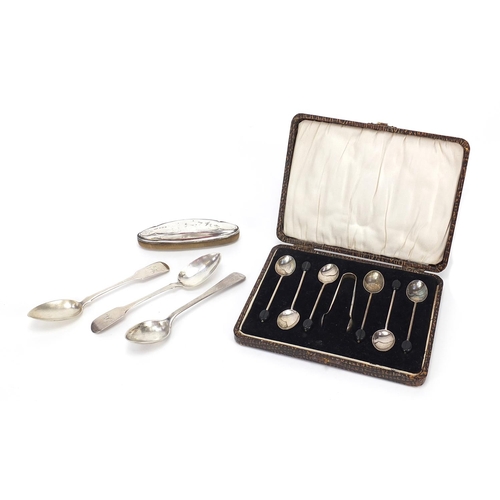 1119 - Silver items comprising coffee bean spoons and sugar tongs with fitted case, three antique spoons an... 