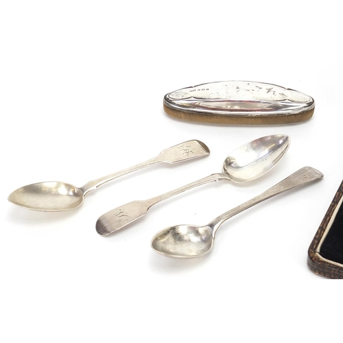 1119 - Silver items comprising coffee bean spoons and sugar tongs with fitted case, three antique spoons an... 