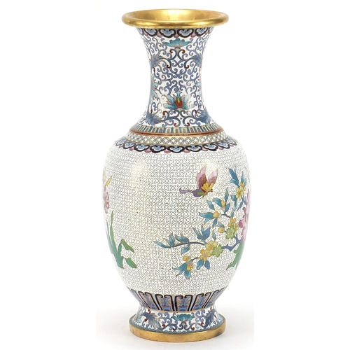 63 - Chinese cloisonné baluster vase enamelled with a butterfly amongst flowers, 31cm high