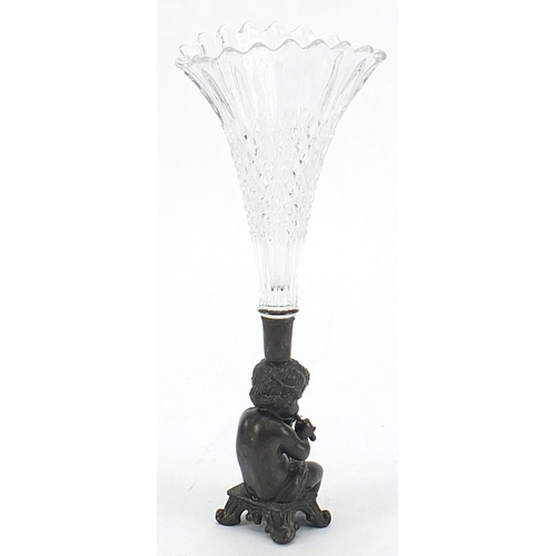 34 - Classical pewter and glass single epergne with Putti base, 24cm high
