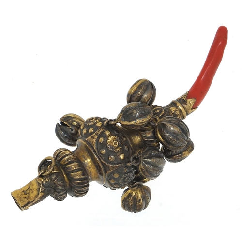 824 - Victorian silver gilt babies' rattle whistle with coral teether, Sheffield 1865, 12.5cm in length, 5... 