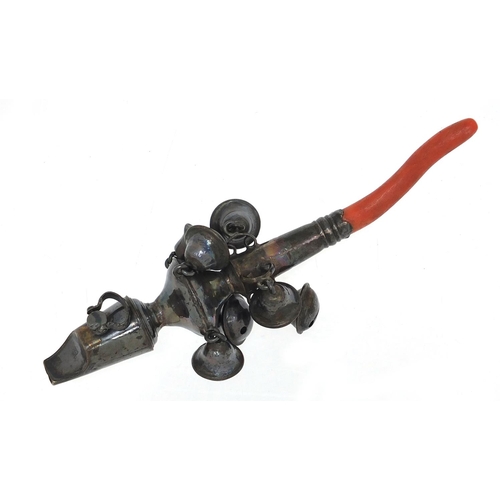 1112 - Peter Ann and William Bateman, Victorian silver babies rattle whistle with coral teether, London 188... 