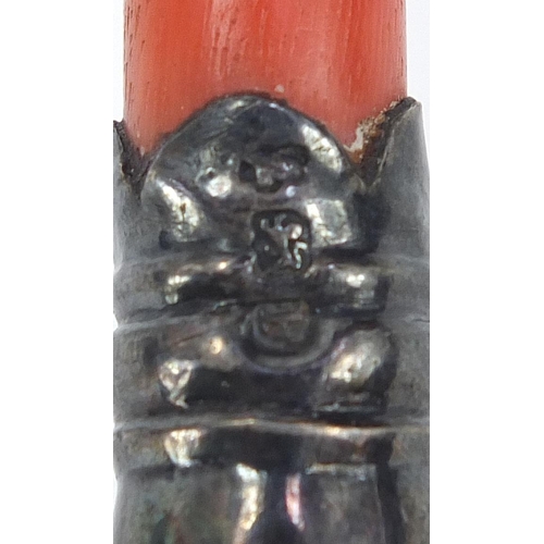 1112 - Peter Ann and William Bateman, Victorian silver babies rattle whistle with coral teether, London 188... 