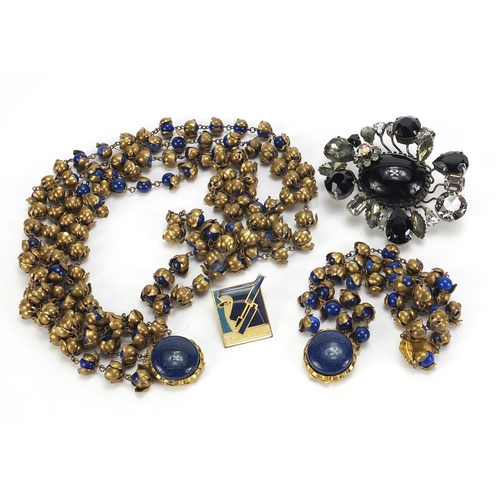 1783 - Vintage jewellery comprising Christian Dior brooch, gilt metal and lapis lazuli necklace with matchi... 